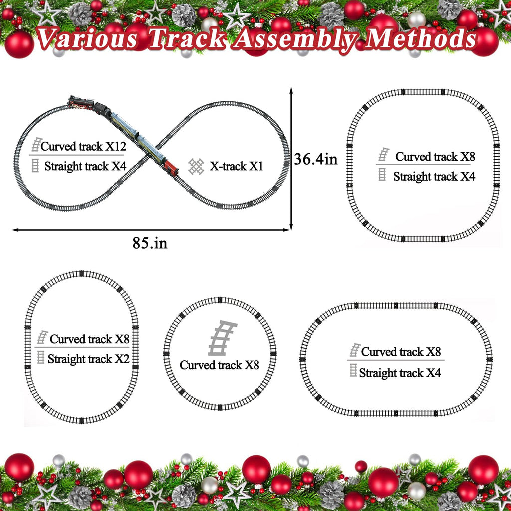 Train Set for Kids, Electric Train Toys with Realistic Light Sounds Smoke, Christmas Train Model Gifts for Toddlers Boys Girls, Steam Locomotive, Luxury Track & 2 Glowing Passenger Carriages (Black)
