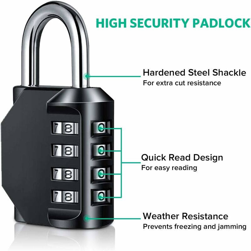 Padlock, Code Lock, Gym Lock, Waterproof Outdoor 4 Digit Resettable Combination Lock For School Gym Locker, Shed,