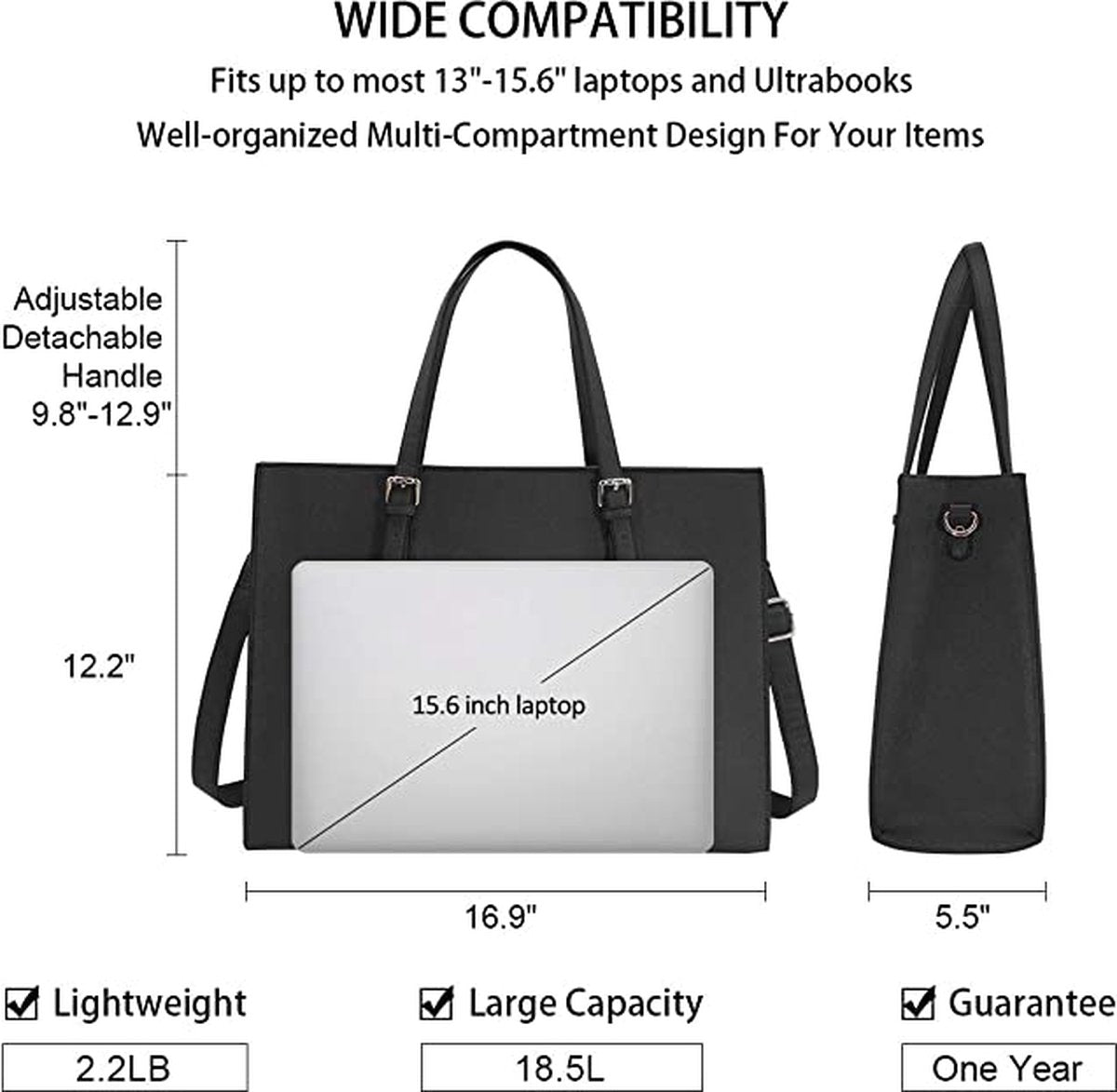 Wrapped Delights - Women's Large Black Shopper Handbag, Leather Shoulder Bag, Work Bag, Large Laptop Bag, Business School Bag (15.6 inches)