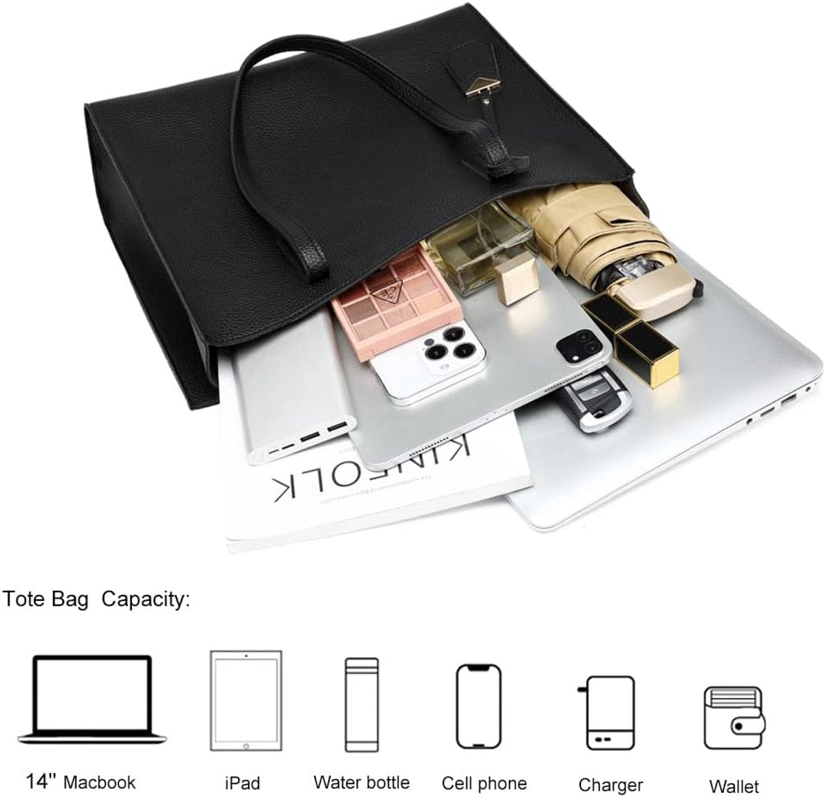 Handbags, large women's shopping bags, fashion, school, work, casual bags with zipper, A-black, western style
