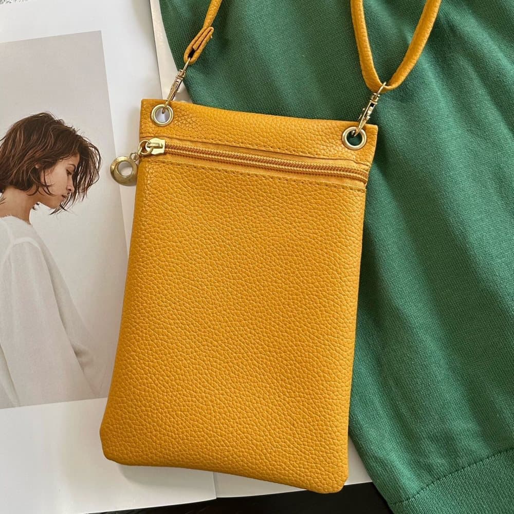 19cm x 12.5cm Mobile Phone Bag with Shoulder Strap, Lychee Texture Handbag in Yellow