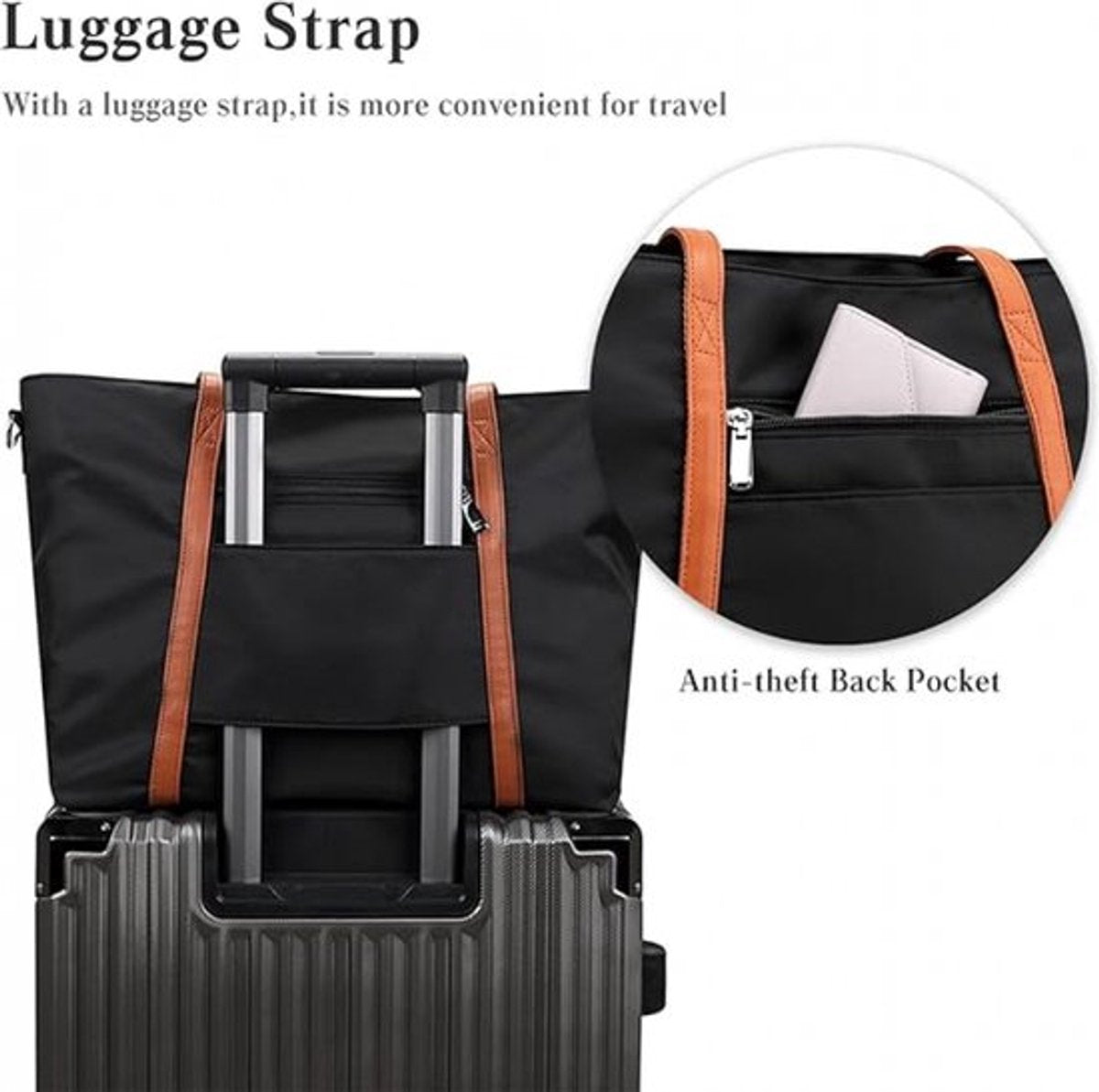 Women's Handbags - Women's Shopper Bag with Zipper - Shoulder Bag - School Bag - Handbag - Shopper - Grocery Bag - Laptop Bag - Weekend Bag - Beach Bag - Tote Bag - Work Bag - Detachable Shoulder Strap - Suitable for a 15.6 Inch Laptop - Gift - Black