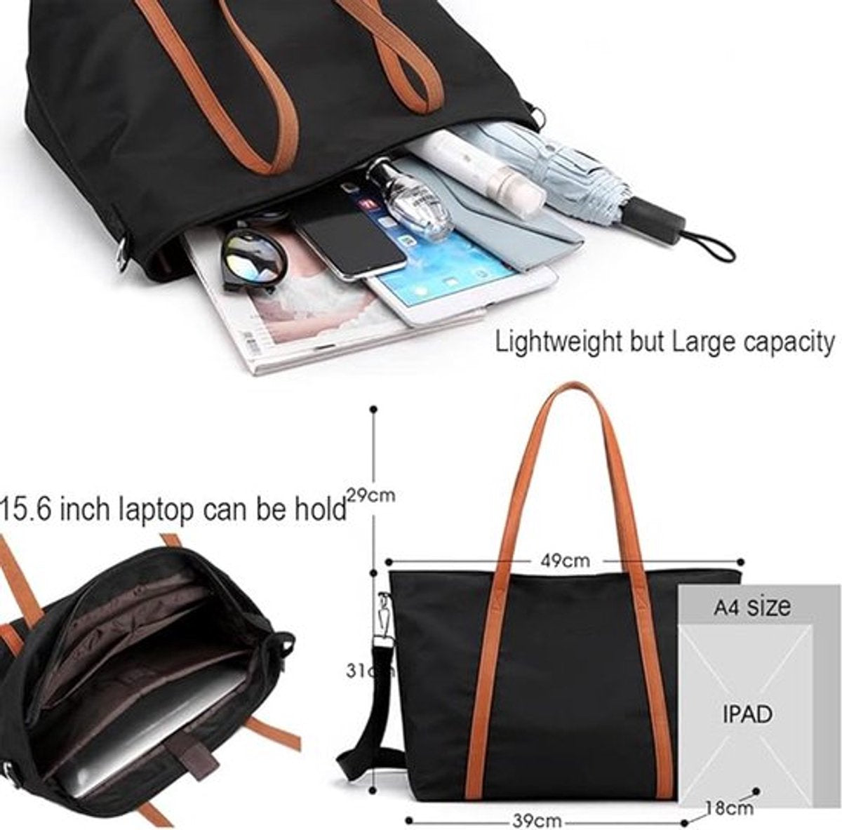 Women's Handbags - Women's Shopper Bag with Zipper - Shoulder Bag - School Bag - Handbag - Shopper - Grocery Bag - Laptop Bag - Weekend Bag - Beach Bag - Tote Bag - Work Bag - Detachable Shoulder Strap - Suitable for a 15.6 Inch Laptop - Gift - Black