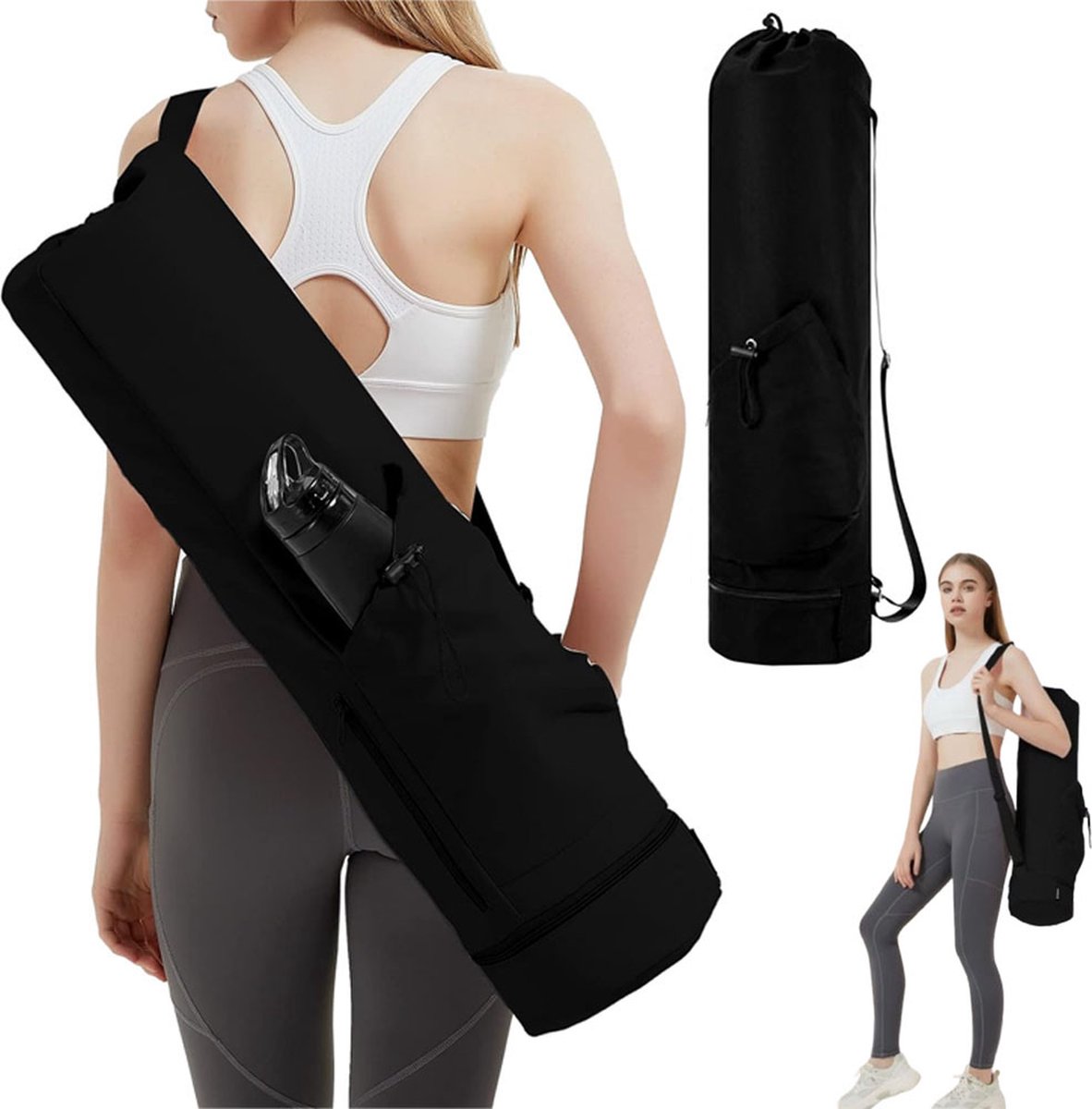 Yoga Mat Bag - Yoga Bag with Drawstring and Storage Compartment - Yoga Bag - Fitness Bag - Sports Bag - Pilates Bag - Waterproof - Universal - Gymnastics Mat Bag - Shoulder Bag - Multifunctional Storage Bag - Equipped with Carrying Strap - Black
