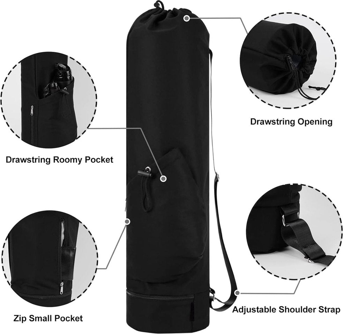 Yoga Mat Bag - Yoga Bag with Drawstring and Storage Compartment - Yoga Bag - Fitness Bag - Sports Bag - Pilates Bag - Waterproof - Universal - Gymnastics Mat Bag - Shoulder Bag - Multifunctional Storage Bag - Equipped with Carrying Strap - Black
