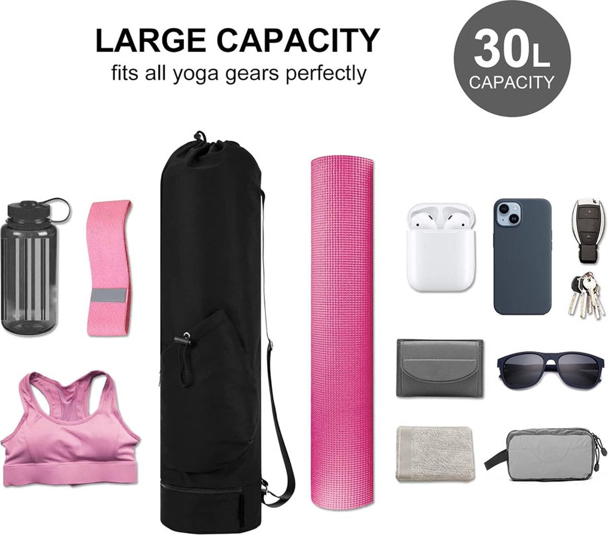 Yoga Mat Bag - Yoga Bag with Drawstring and Storage Compartment - Yoga Bag - Fitness Bag - Sports Bag - Pilates Bag - Waterproof - Universal - Gymnastics Mat Bag - Shoulder Bag - Multifunctional Storage Bag - Equipped with Carrying Strap - Black