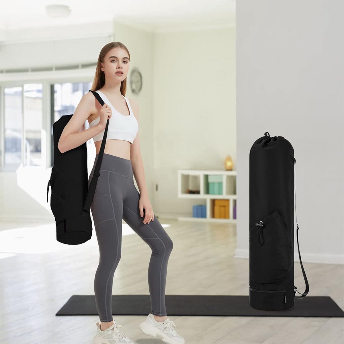 Yoga Mat Bag - Yoga Bag with Drawstring and Storage Compartment - Yoga Bag - Fitness Bag - Sports Bag - Pilates Bag - Waterproof - Universal - Gymnastics Mat Bag - Shoulder Bag - Multifunctional Storage Bag - Equipped with Carrying Strap - Black