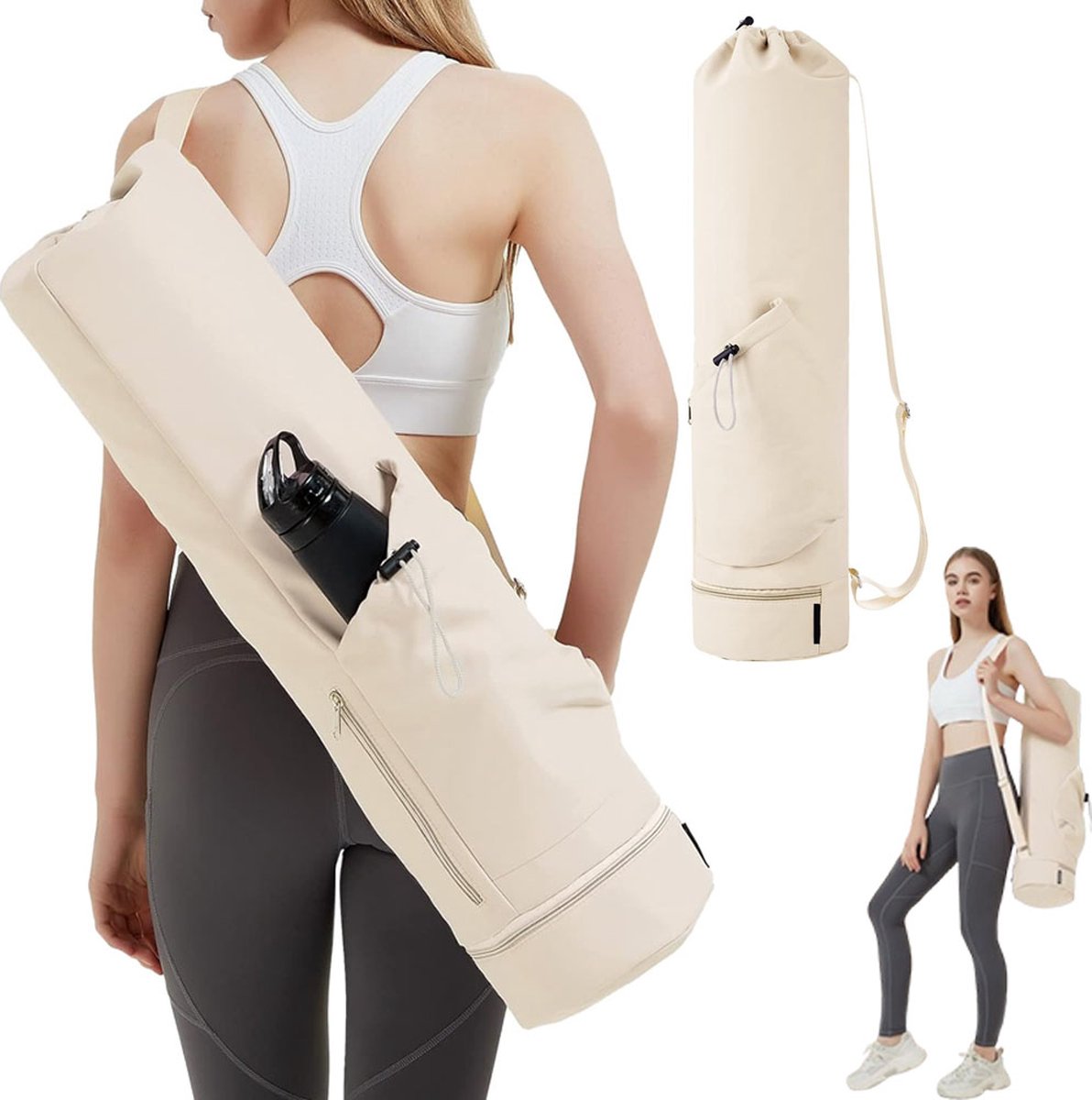 Yoga Mat Bag - Yoga Bag with Drawstring and Storage Compartment - Yoga Bag - Fitness Bag - Sports Bag - Pilates Bag - Waterproof - Universal - Gymnastics Mat Bag - Shoulder Bag - Multifunctional Storage Bag - Equipped with Carrying Strap - White