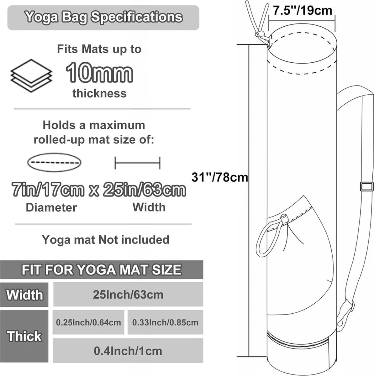 Yoga Mat Bag - Yoga Bag with Drawstring and Storage Compartment - Yoga Bag - Fitness Bag - Sports Bag - Pilates Bag - Waterproof - Universal - Gymnastics Mat Bag - Shoulder Bag - Multifunctional Storage Bag - Equipped with Carrying Strap - White