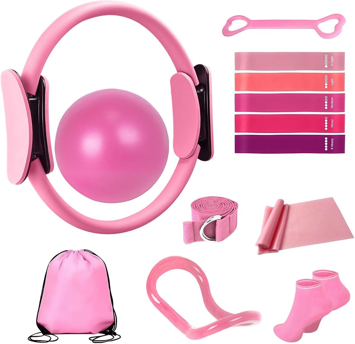 13-Piece Pilates Equipment Set for Women - Yoga & Fitness Set - Home Pilates Training Set - Home Gym Set - Exercise Bands - Resistance Band - Exercise Ball - Beginner Yoga Set with Pilates Ring, 24 cm Yoga Ball, 5 Resistance Bands, Magic Circle