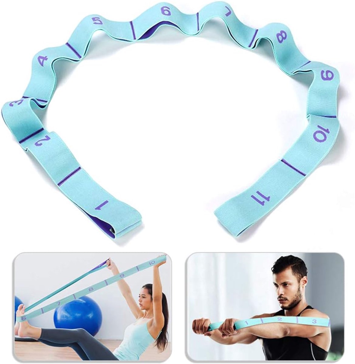125*4 cm - Yoga resistance band - Yoga stretch band - Yoga exercise band - Stretch band - with 11 rings - Resistance band - for training, pilates, dance and fitness - blue purple