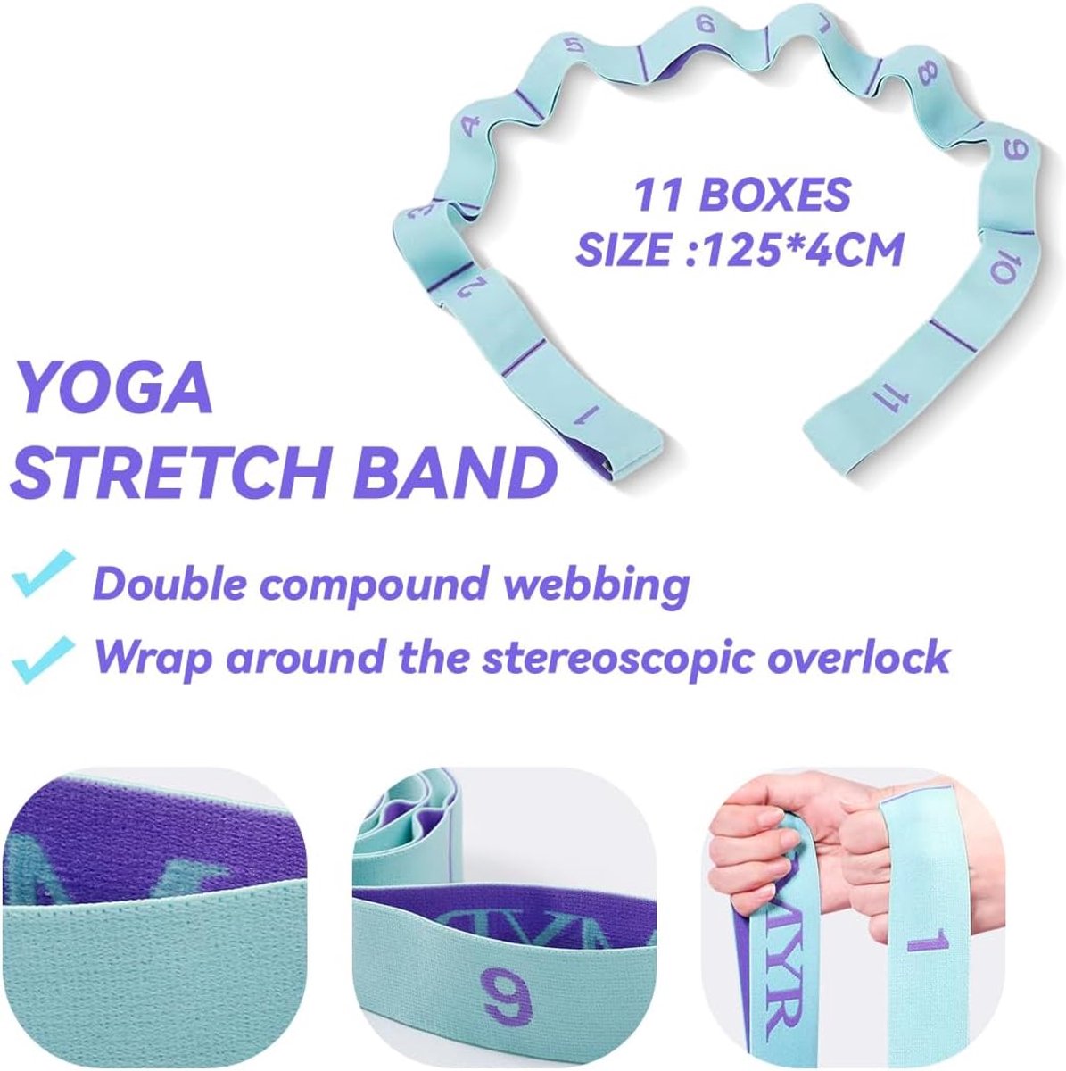 125*4 cm - Yoga resistance band - Yoga stretch band - Yoga exercise band - Stretch band - with 11 rings - Resistance band - for training, pilates, dance and fitness - blue purple