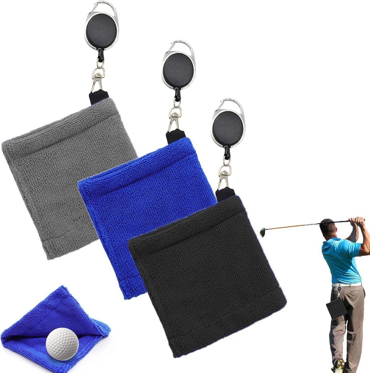 3 pieces - Golf Ball Towel - Golf Bag Amphibious Towels - with retractable buckle - Soft and delicate golf towel - Durable golf club cleaner - for fitness, outdoor sports - 12*12 cm - black, blue and grey
