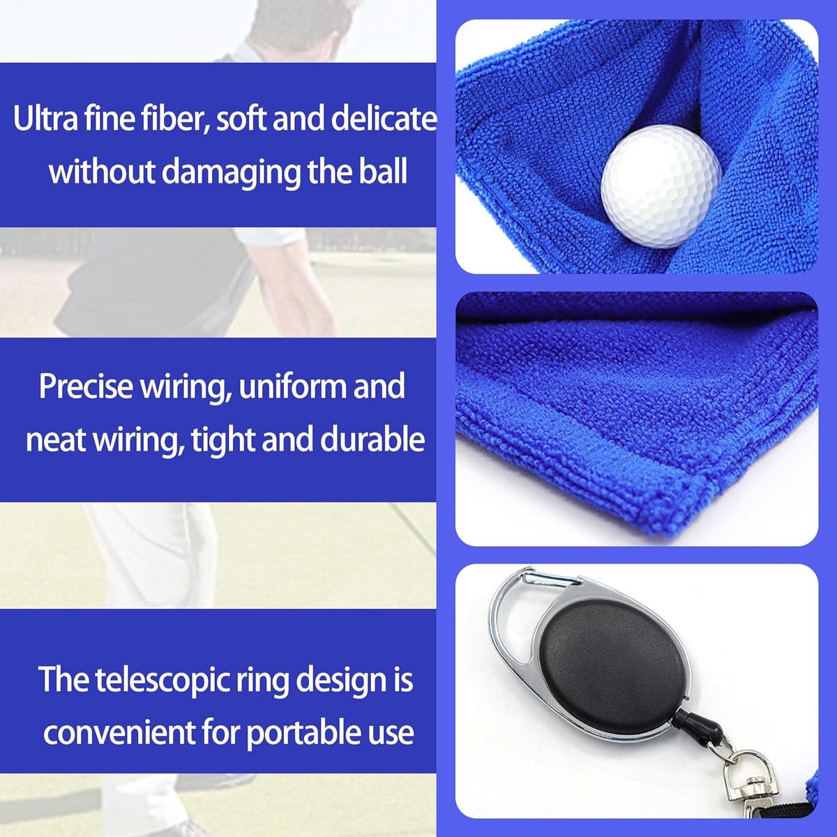 3 pieces - Golf Ball Towel - Golf Bag Amphibious Towels - with retractable buckle - Soft and delicate golf towel - Durable golf club cleaner - for fitness, outdoor sports - 12*12 cm - black, blue and grey