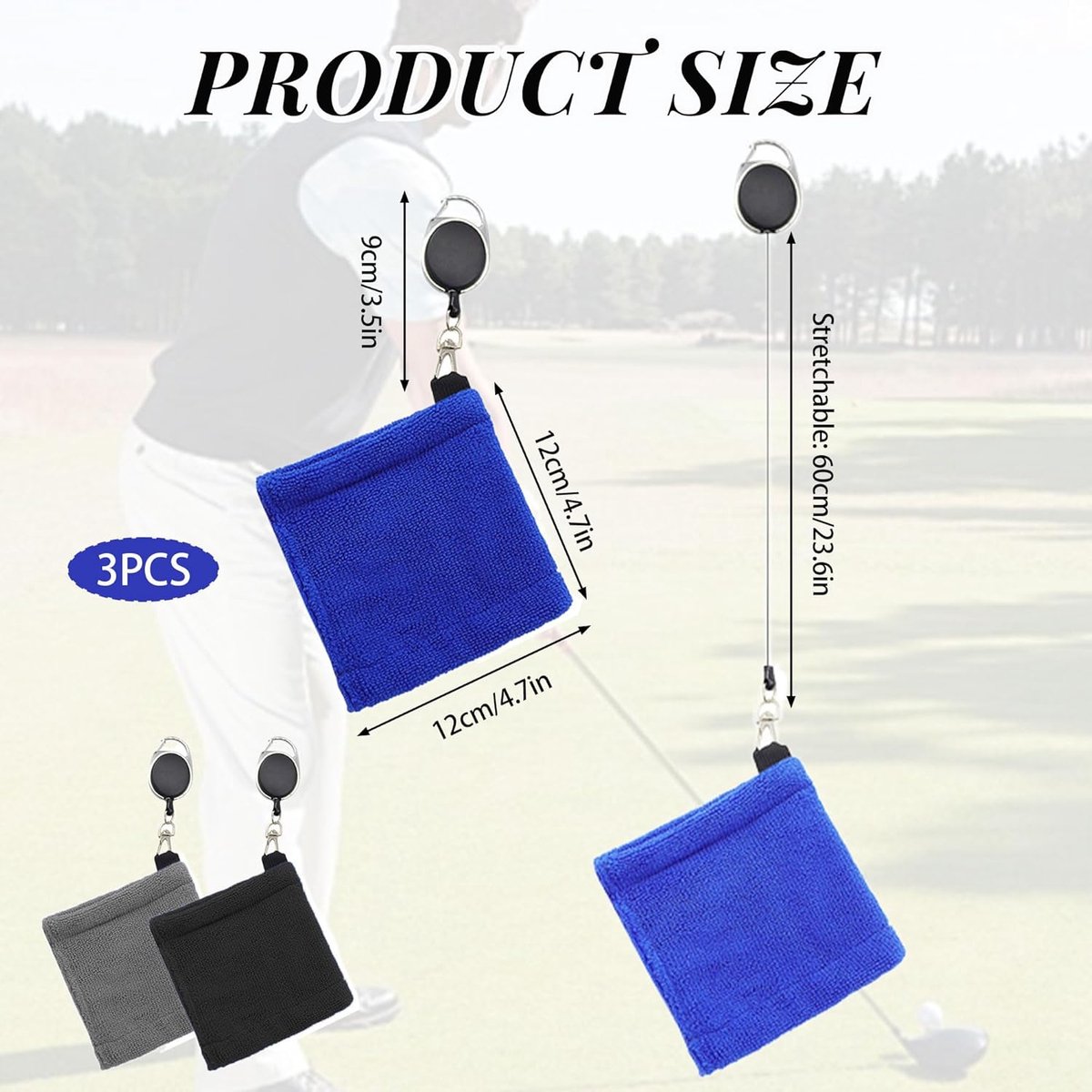 3 pieces - Golf Ball Towel - Golf Bag Amphibious Towels - with retractable buckle - Soft and delicate golf towel - Durable golf club cleaner - for fitness, outdoor sports - 12*12 cm - black, blue and grey
