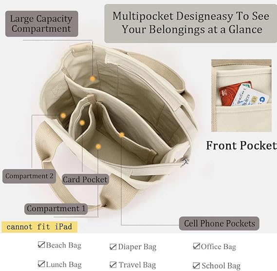 Multi-Pocket Tote Bag with Zipper, Canvas Handmade Handbag with Compartments, Multifunctional Satchel Bags for Women, Ladies, University, School, Work, Travel Black-small