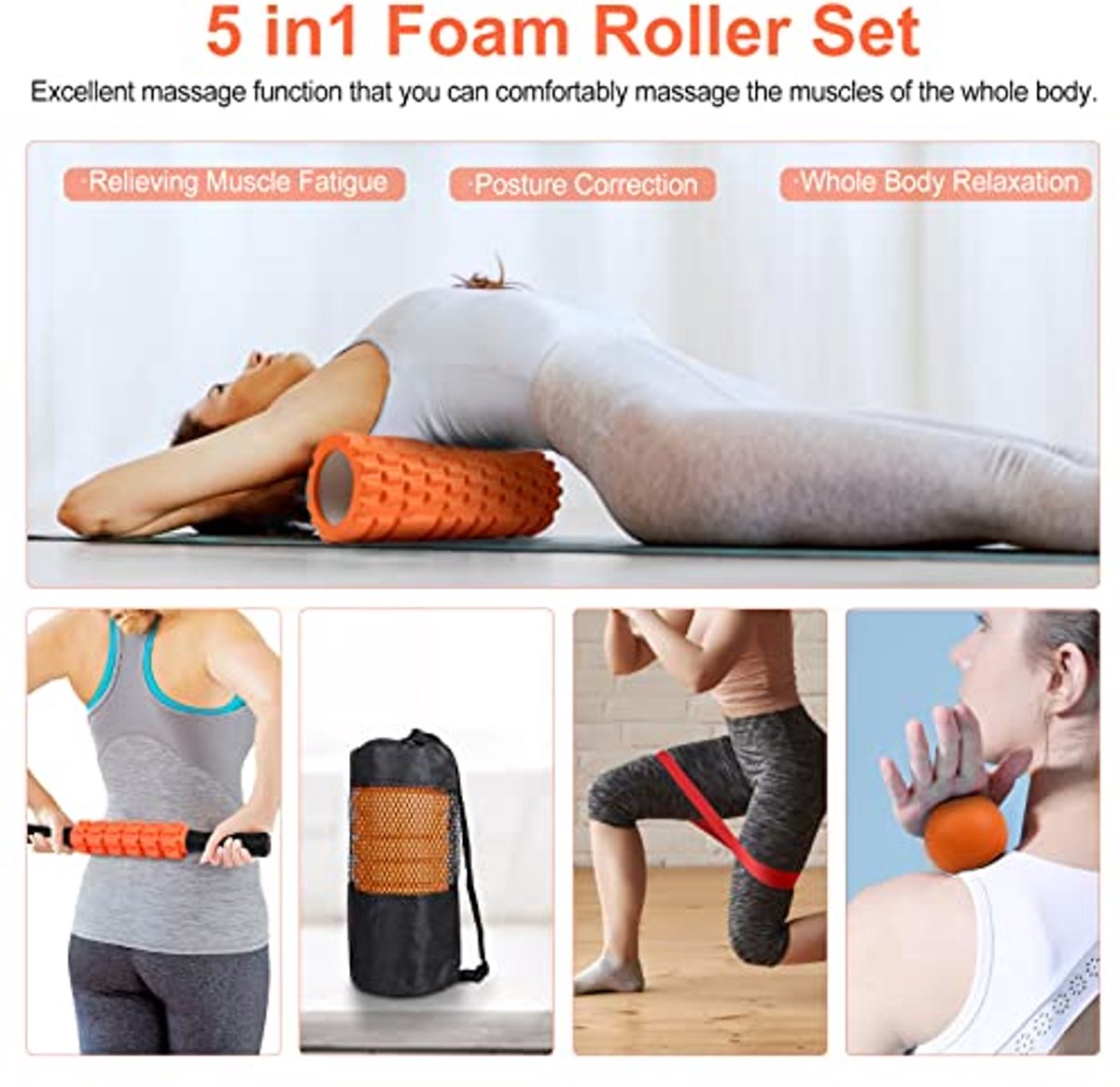 4 in 1 Foam Roller Set: Trigger Point Roller - Yoga Stick - Massage Ball - Fitness Stretching Band - Carrying Bag - Towel for Deep Muscle Massage - Pilates and Yoga