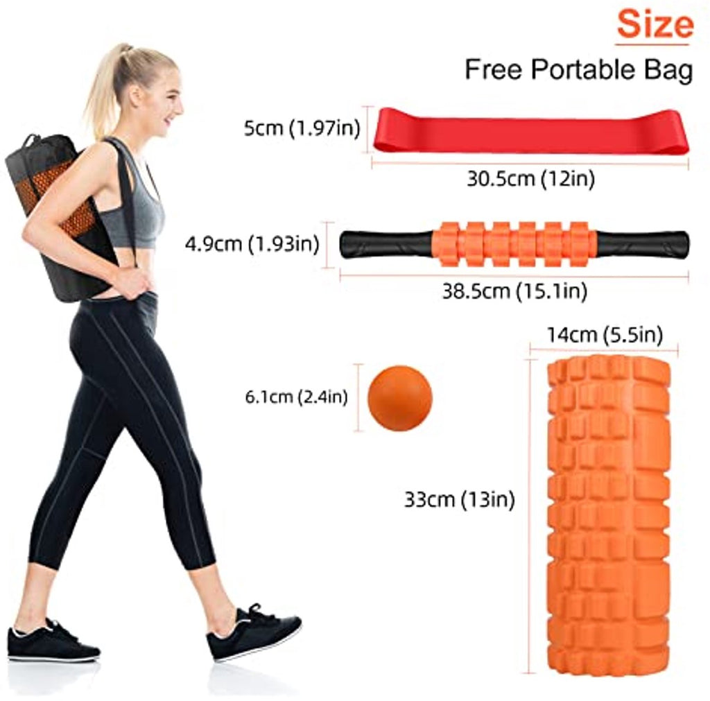 4 in 1 Foam Roller Set: Trigger Point Roller - Yoga Stick - Massage Ball - Fitness Stretching Band - Carrying Bag - Towel for Deep Muscle Massage - Pilates and Yoga