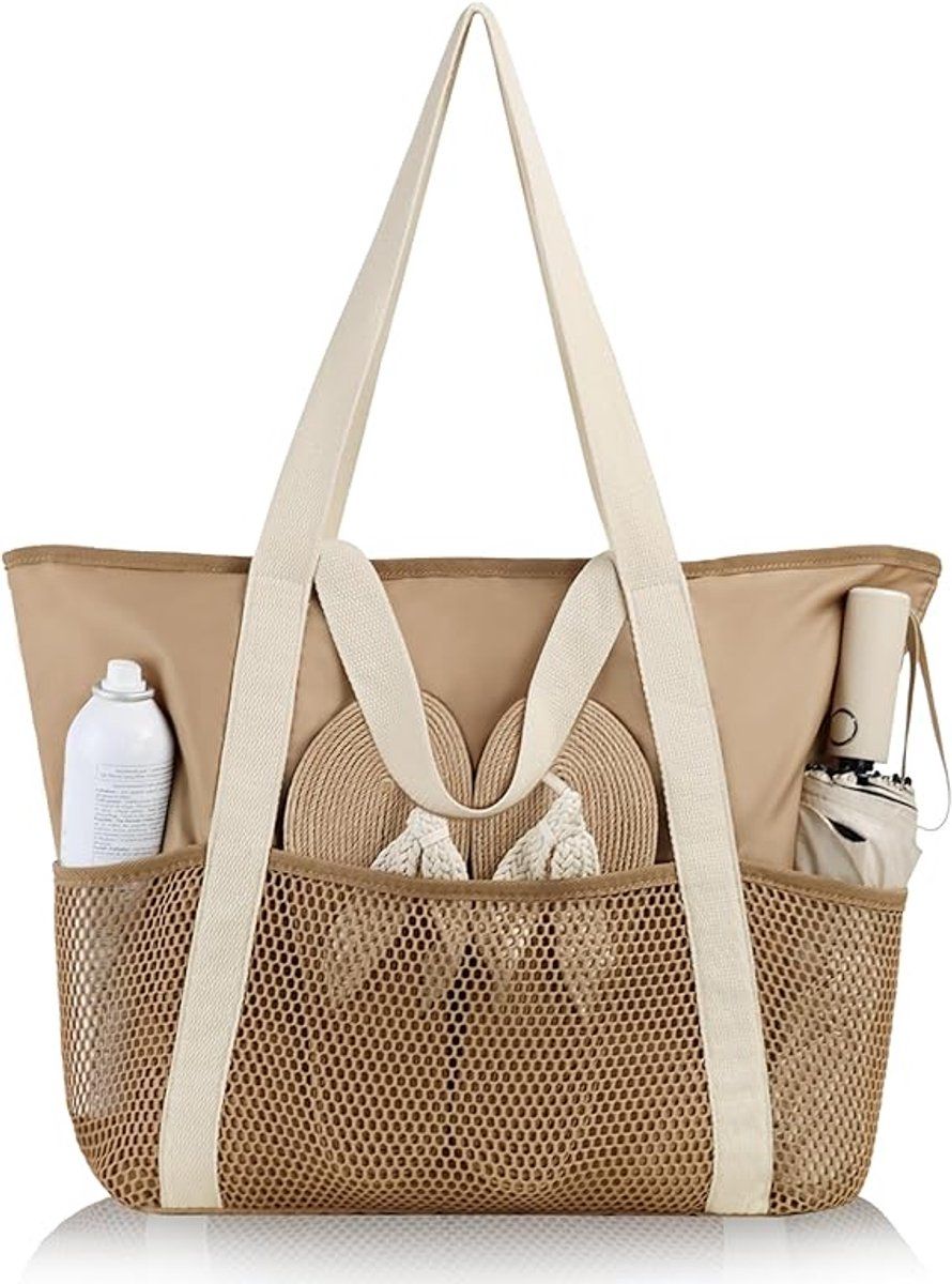 Women's Beach Bag, Beach Bag for the Whole Family, Waterproof Mesh Beach Bag, Fashionable and Versatile Bag for Beach, XXL Brown
