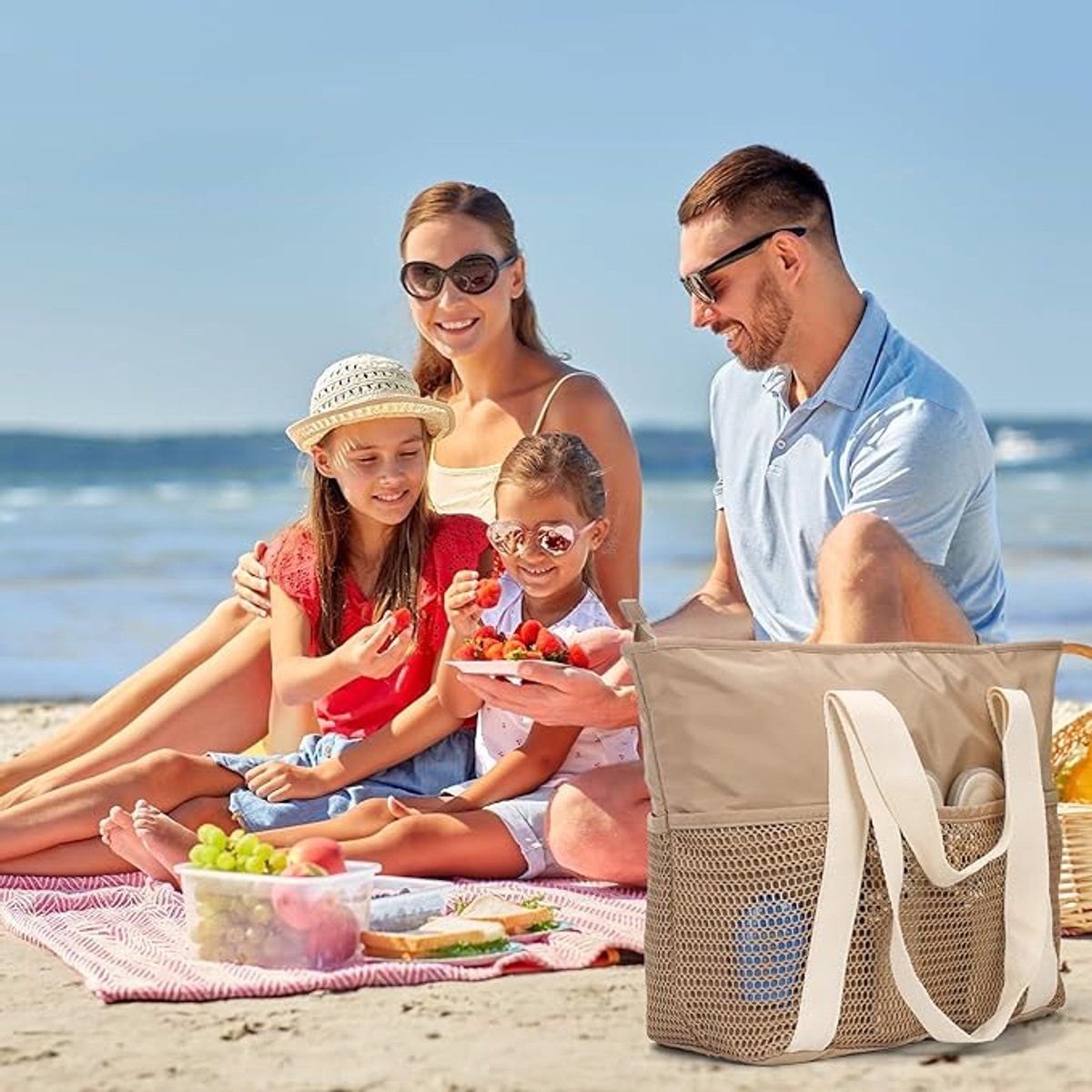 Women's Beach Bag, Beach Bag for the Whole Family, Waterproof Mesh Beach Bag, Fashionable and Versatile Bag for Beach, XXL Brown