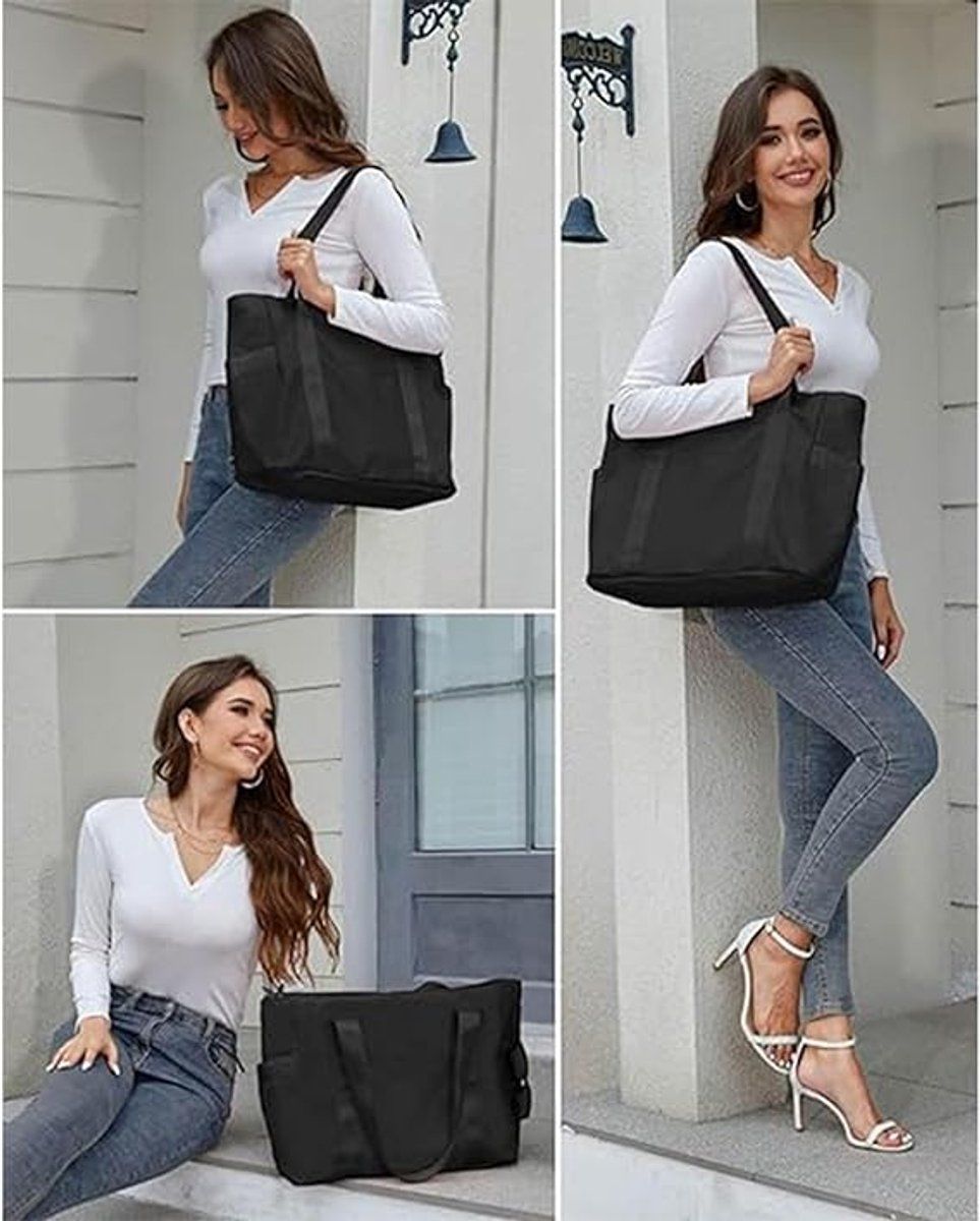 Women's Handbags, Women's Shopper Bag with Zipper, Large Shoulder Bag, Laptop Bag with Laptop Compartment, Women's Zipper Shopper, Black