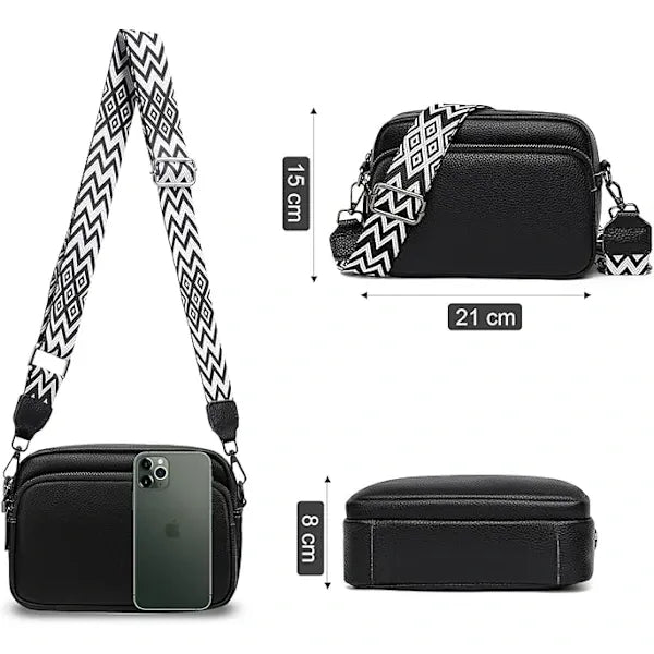 Women's Black Crossbody Shoulder Bag, Faux Leather Handbag with Adjustable Wide Strap for Travel, Daily Use and Essentials