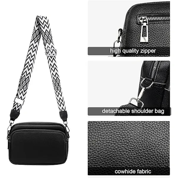 Women's Black Crossbody Shoulder Bag, Faux Leather Handbag with Adjustable Wide Strap for Travel, Daily Use and Essentials