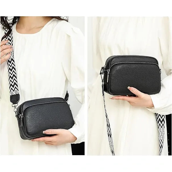 Women's Black Crossbody Shoulder Bag, Faux Leather Handbag with Adjustable Wide Strap for Travel, Daily Use and Essentials