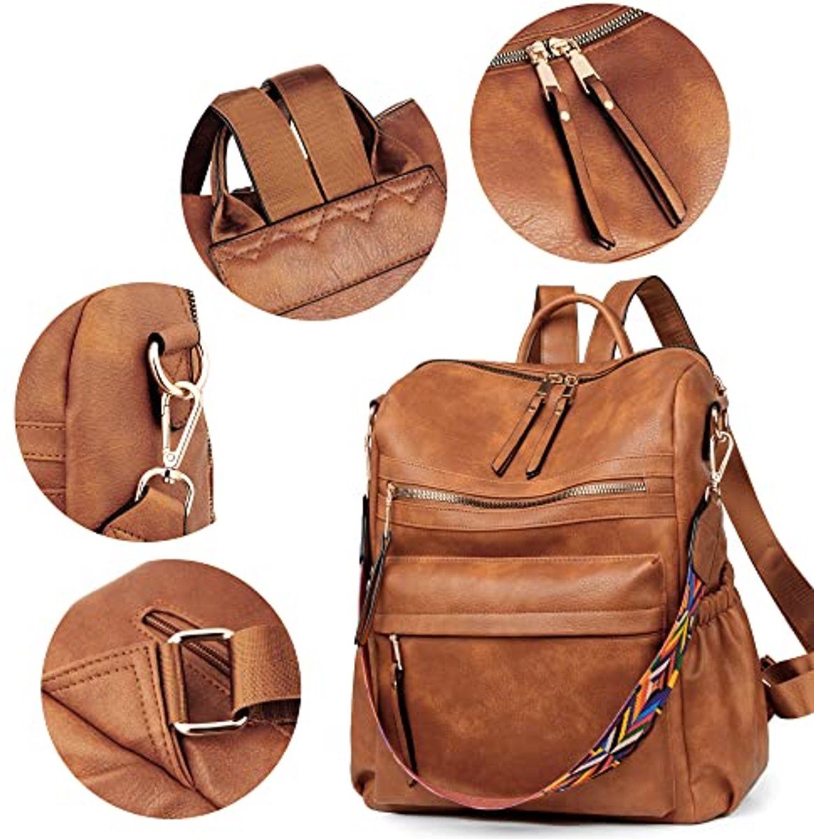 Women's Backpack with Wallet, Fashionable Leather Backpack for Women, Convertible Shoulder Bag for Travel with Colorful Strap