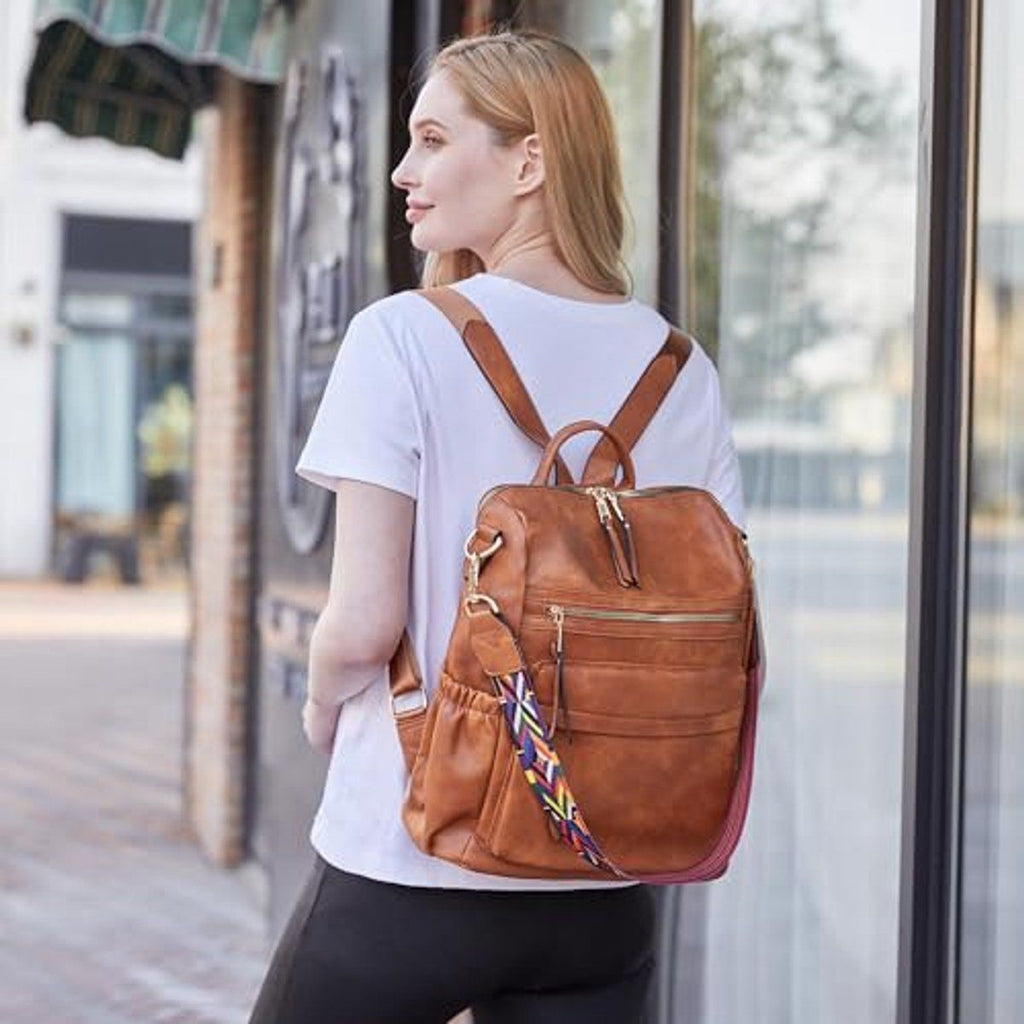 Women's Backpack with Wallet, Fashionable Leather Backpack for Women, Convertible Shoulder Bag for Travel with Colorful Strap