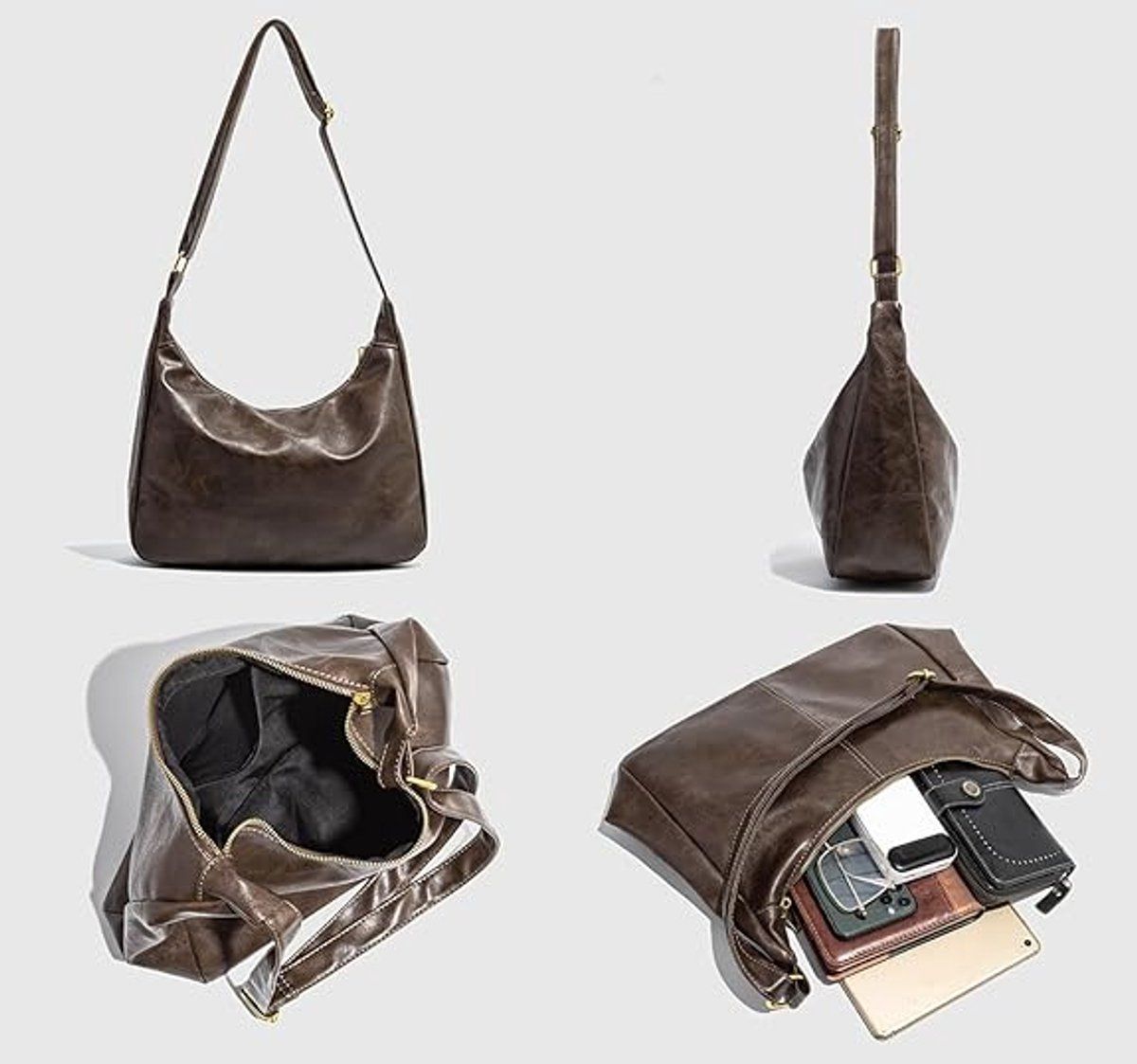 PU Leather Hobo Crossbody Shoulder Bag with Adjustable Strap, Crescent Handbag for 17.5 cm Phone, Cosmetics and Daily Carry, Brown