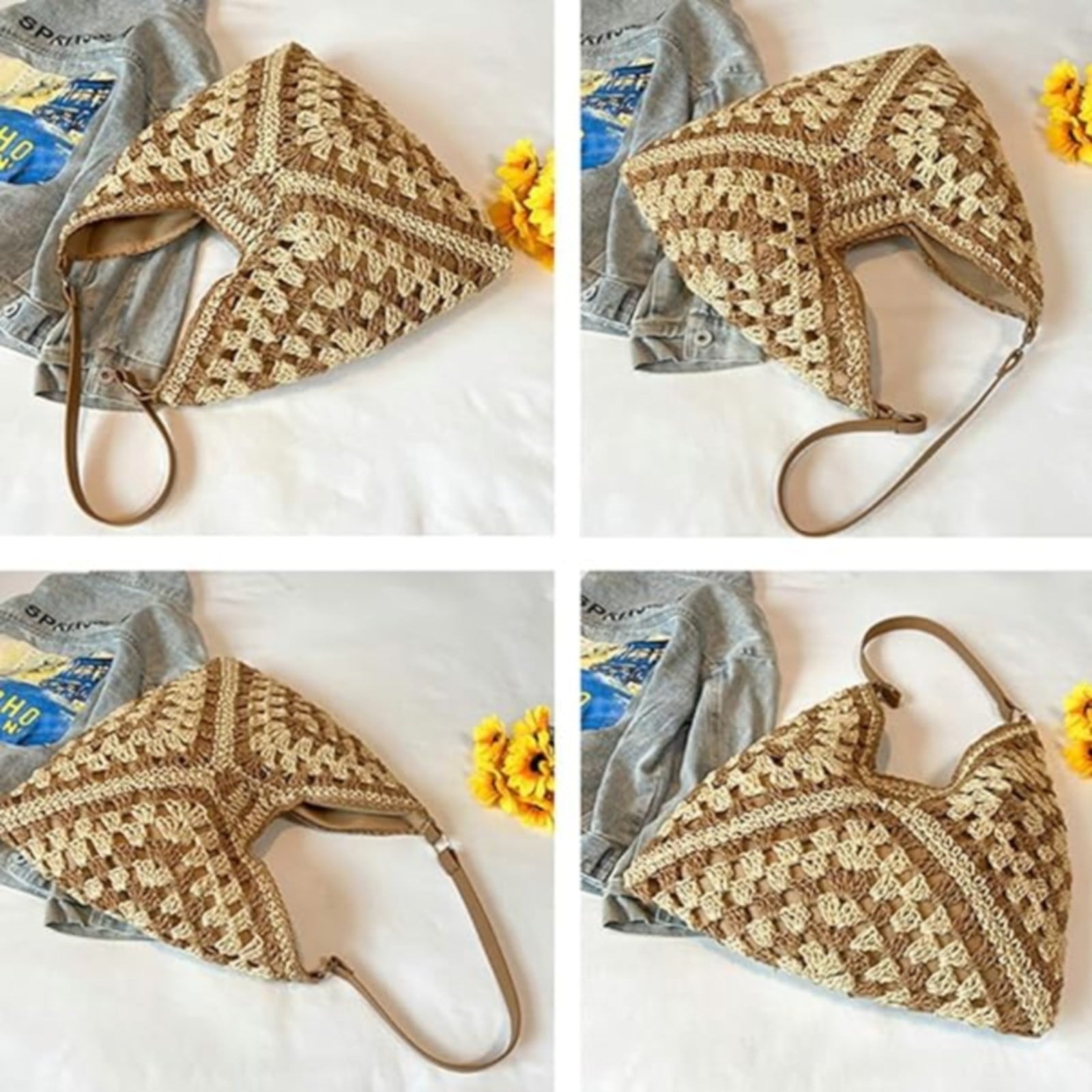Straw Beach Bag for Women Summer Woven Beach Tote Bag Shoulder Handbags Boho Bag,Beige, 38 x 27 cm