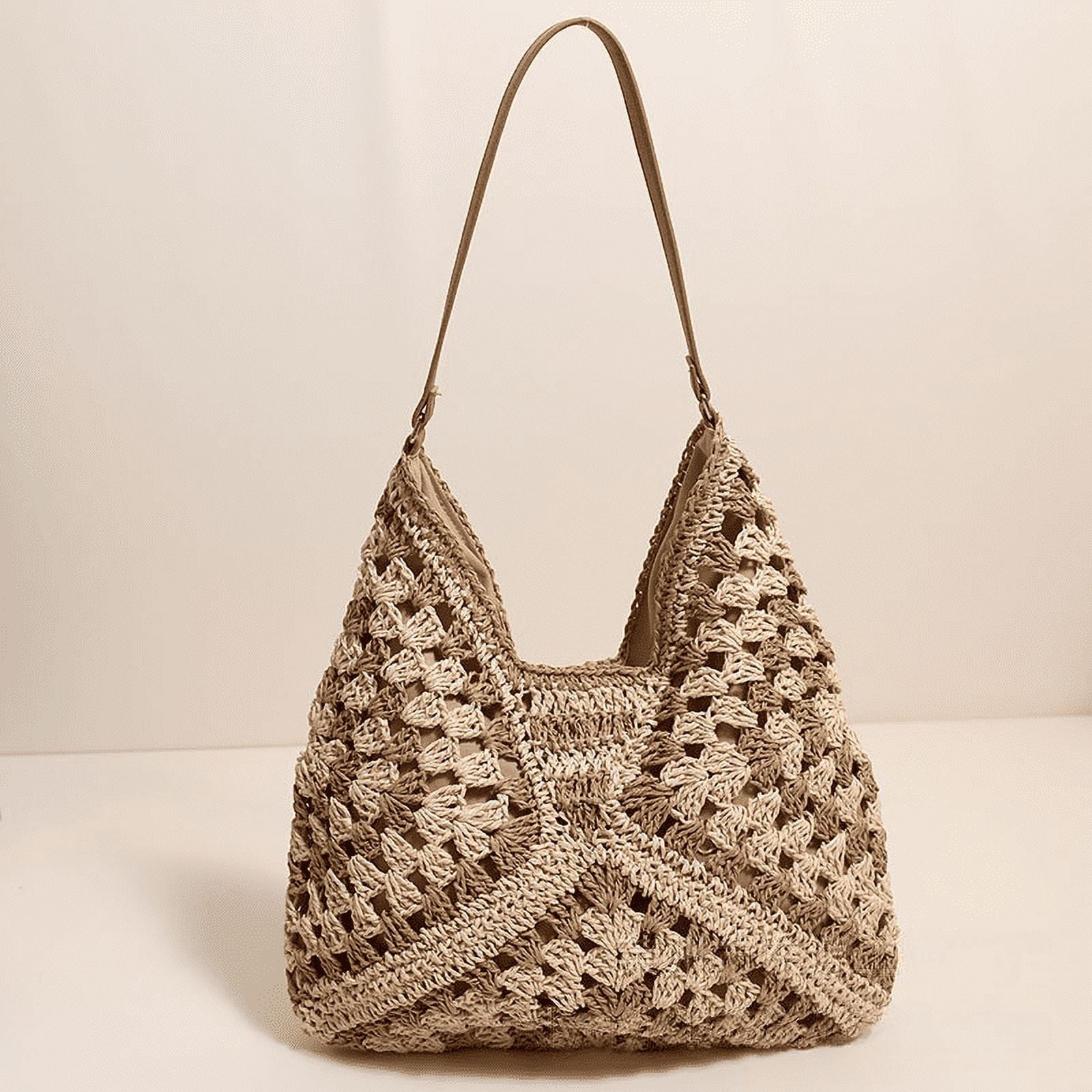 Straw Beach Bag for Women Summer Woven Beach Tote Bag Shoulder Handbags Boho Bag,Black, 38 x 27 cm