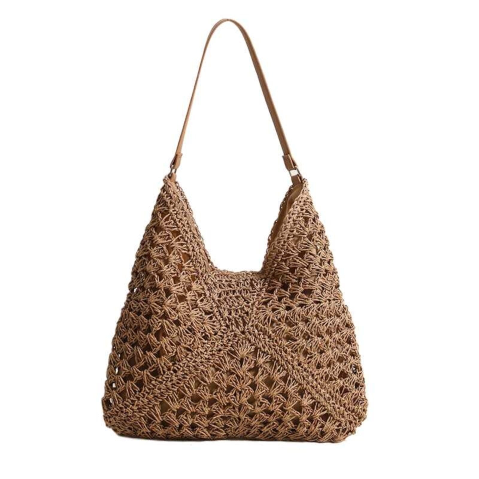 Straw Beach Bag for Women Summer Woven Beach Tote Bag Shoulder Handbags Boho Bag,Coffee,38 x 27 cm
