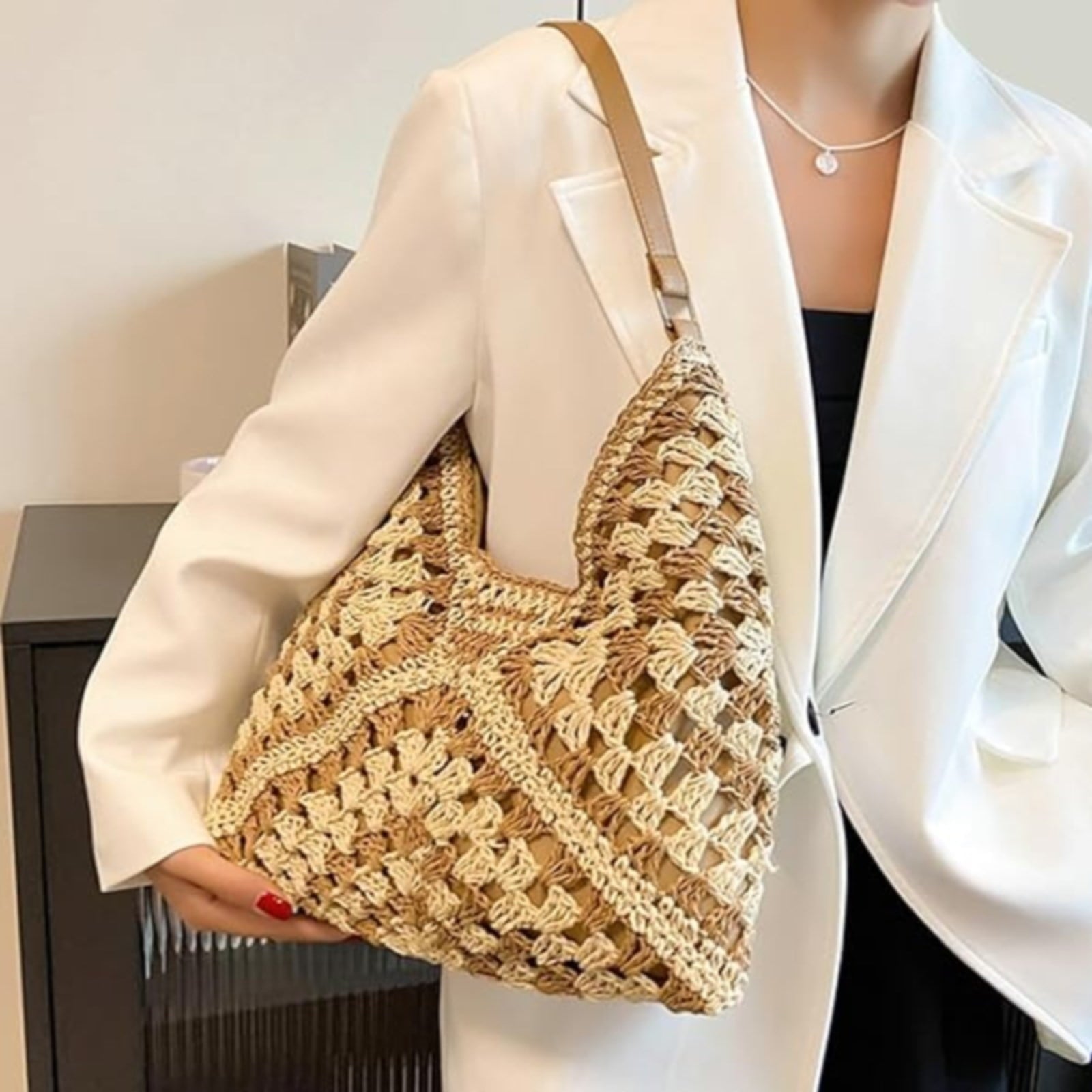 Straw Beach Bag for Women Summer Woven Beach Tote Bag Shoulder Handbags Boho Bag,Coffee,38 x 27 cm