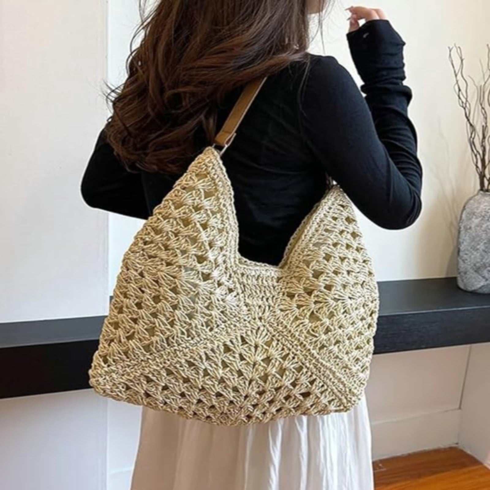 Straw Beach Bag for Women Summer Woven Beach Tote Bag Shoulder Handbags Boho Bag,Coffee,38 x 27 cm