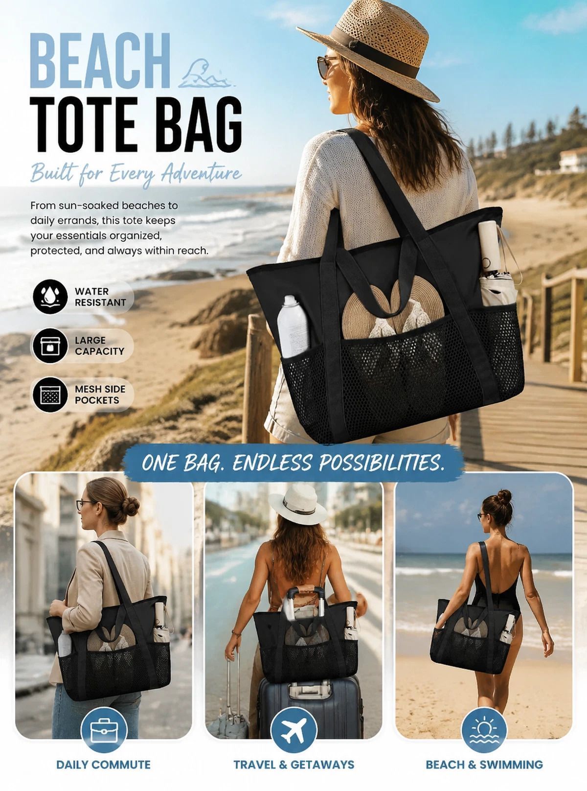 Solid Black Multi-purpose Waterproof Tote Large Beach Handbag