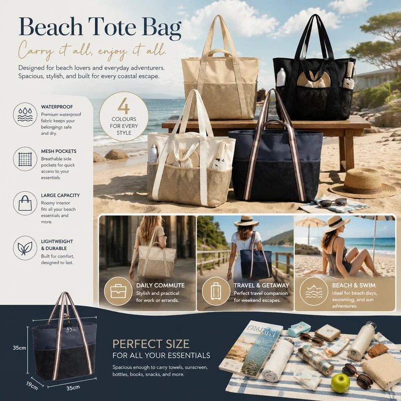 Solid Black Multi-purpose Waterproof Tote Large Beach Handbag
