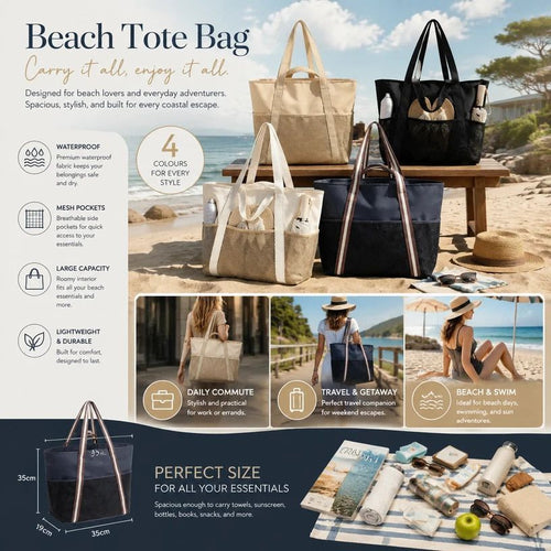 Beige & Solid Black Outdoor Travel Beach Handbag Twin Pack