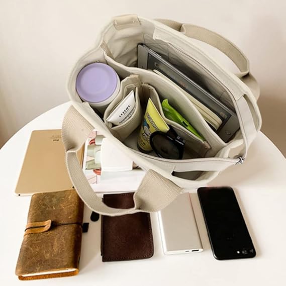 Multi-Pocket Tote Bag with Zipper, Canvas Handmade Handbag with Compartments, Multifunctional Satchel Bags for Women, Ladies, University, School, Work, Travel Black-small
