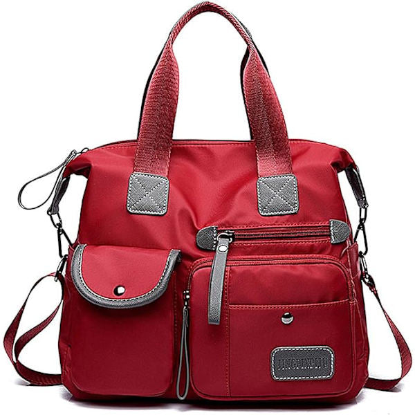 Tote Bag for Women, Spacious Handbag with Multiple Compartments and Zipper, Lightweight Shoulder Bag for Ladies, Nylon Crossbody (Pure Red) Red