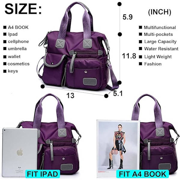 Tote Bag for Women, Spacious Handbag with Multiple Compartments and Zipper, Lightweight Shoulder Bag for Ladies, Nylon Crossbody (Pure Red) Red