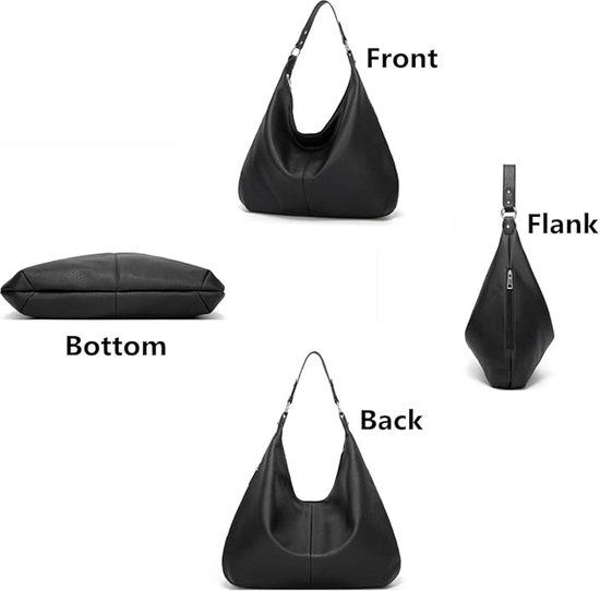 Womens Hobo Shoulder Bag, Soft PU Leather Large Capacity Handbag With Zipper And Adjustable Strap For Work Travel, Black, 48 x 35 cm