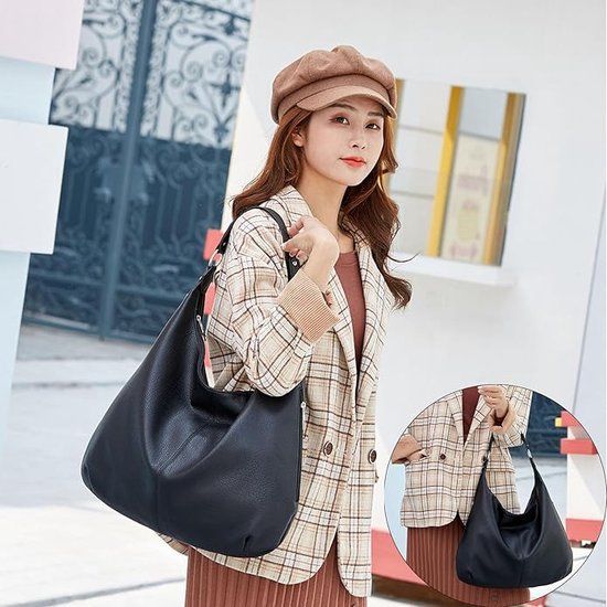 Womens Hobo Shoulder Bag, Soft PU Leather Large Capacity Handbag With Zipper And Adjustable Strap For Work Travel, Black, 48 x 35 cm