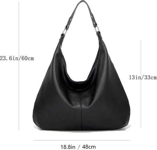 Womens Hobo Shoulder Bag, Soft PU Leather Large Capacity Handbag With Zipper And Adjustable Strap For Work Travel, Black, 48 x 35 cm