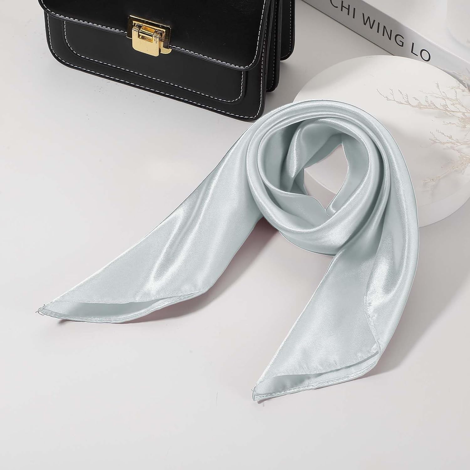 Satin Neck Square Scarf for Women Solid Color Silk Purse Scarf Lightweight Fashion Scarves Headband for Hair Handbag