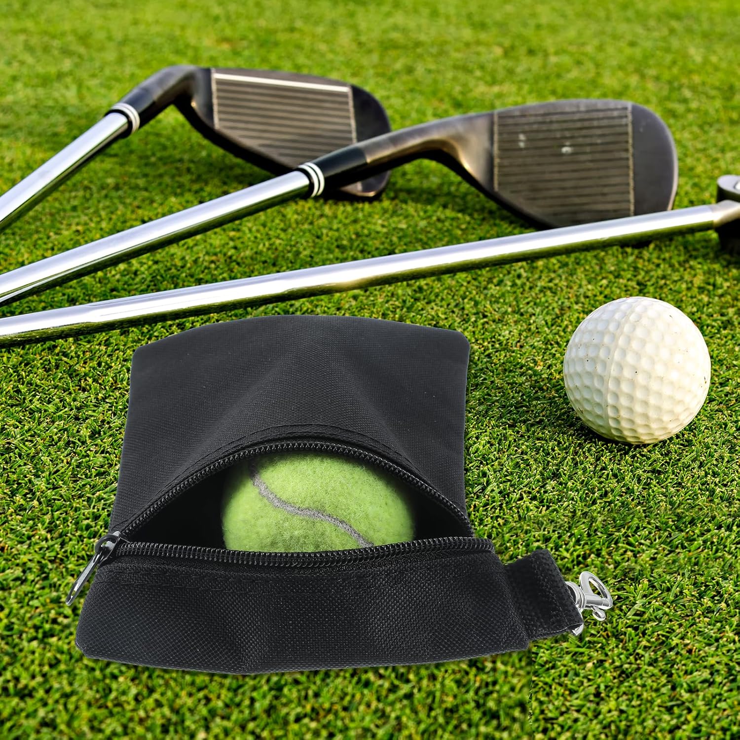 2 Pack Golf Ball Bag, Golf Tee Bag Pouch 6.7" x 5.5" Zippered Pouch with Metal Lobster Clip, Waterproof Golfs Accessories Organizer for Tees Balls, Valuables Holder, Men Women (Black, Gray)