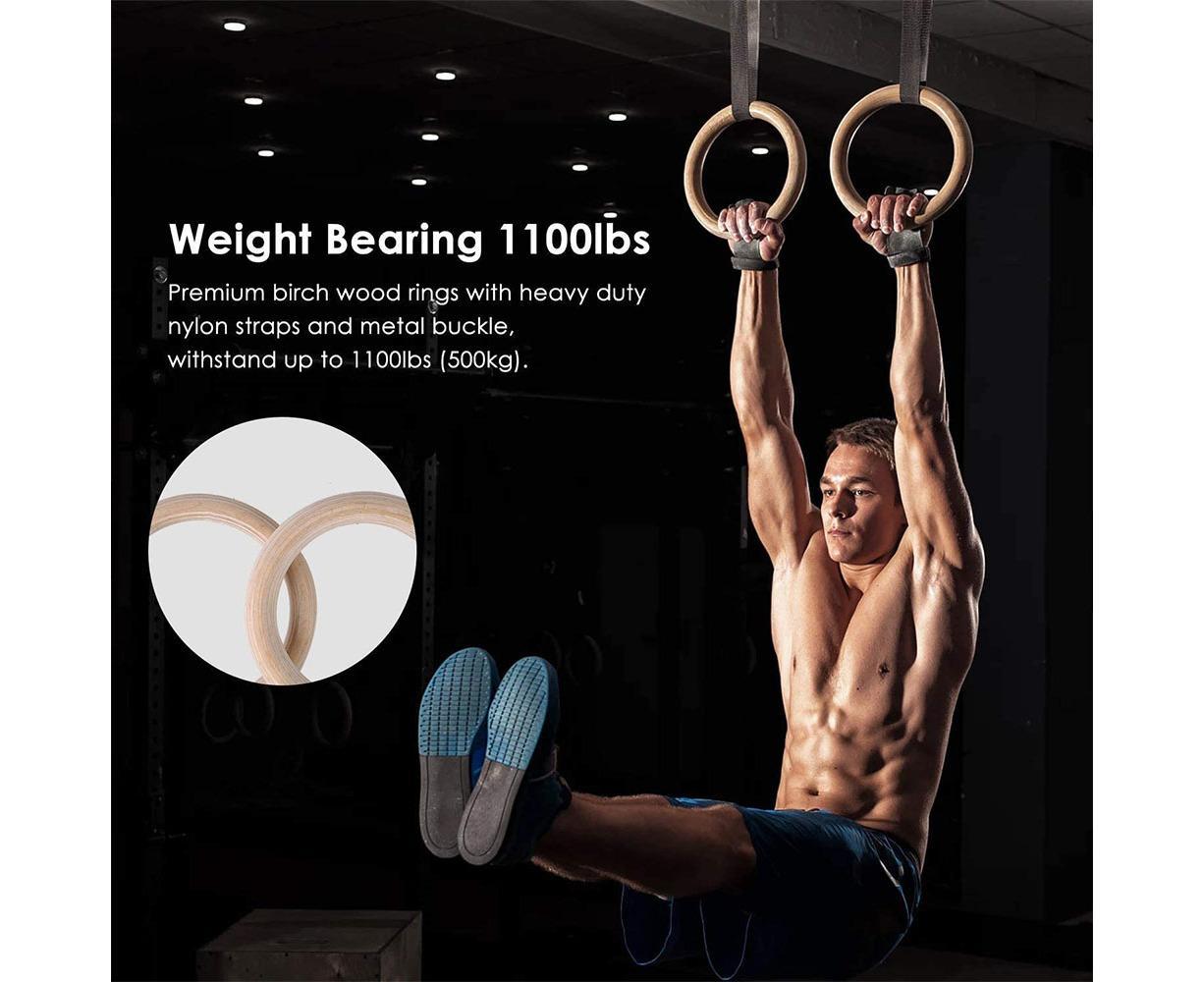 2 pcs Wood Gymnastic Rings - Olympic Gym Rings with Adjustable Straps, Heavy Duty Gym Equipment for Home Gym, Train Workout, Strength Training 28mm