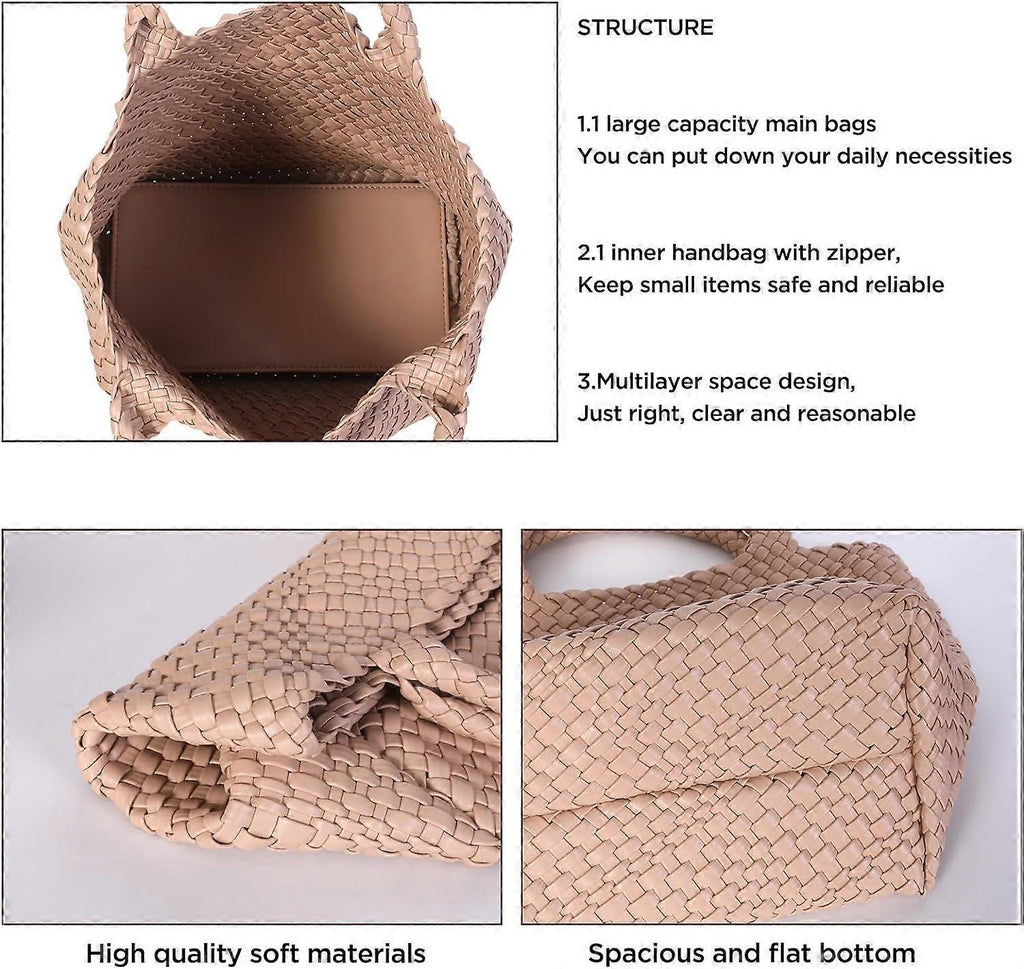 Woven Tote Bag for Women Soft Leather Handbag with Pocket