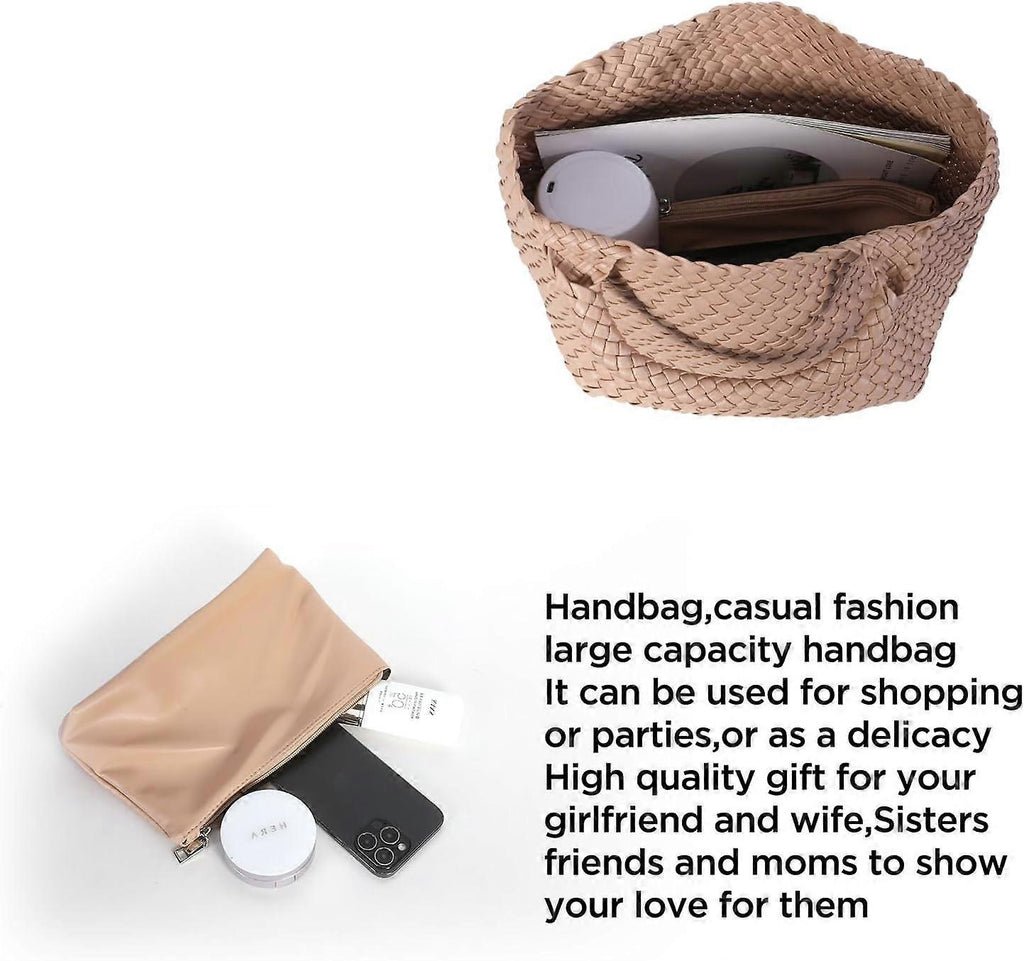 Woven Tote Bag for Women Soft Leather Handbag with Pocket